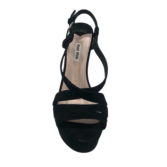 MIU MIU BLACK SUEDE AND MIRROR PLATFORM SANDALS - Picture 12 of 16